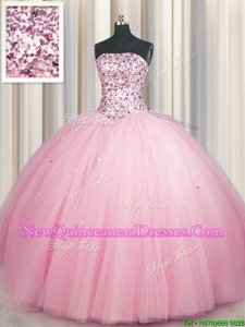 Stunning Big Puffy Strapless Sleeveless Tulle Quinceanera Dress Sequins Lace Up