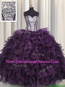 Visible Boning Eggplant Purple Lace Up Sweetheart Ruffles and Sequins 15 Quinceanera Dress Organza and Sequined Sleeveless