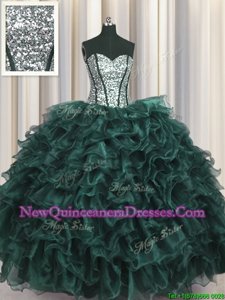 Graceful Sequins Visible Boning Peacock Green Sleeveless Organza and Sequined Lace Up Sweet 16 Quinceanera Dress for Military Ball and Sweet 16 and Quinceanera