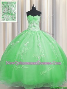 Exquisite Zipper Up Spring Green Zipper Vestidos de Quinceanera Beading and Appliques Sleeveless Floor Length