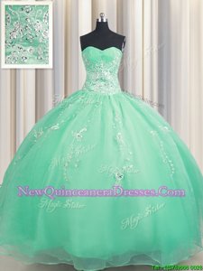 Glorious Zipper Up Apple Green Quinceanera Gown Military Ball and Sweet 16 and Quinceanera and For withBeading and Appliques Sweetheart Sleeveless Zipper