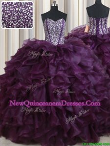 Exquisite Floor Length Lace Up Vestidos de Quinceanera Dark Purple and In for Military Ball and Sweet 16 and Quinceanera withBeading and Ruffles