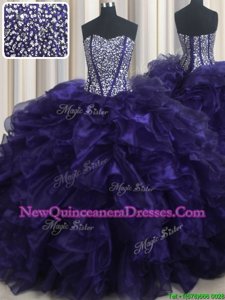 Customized Organza Sweetheart Sleeveless Brush Train Lace Up Beading and Ruffles Sweet 16 Dresses inPurple