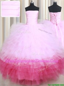 New Arrival Pink And White Ball Gown Prom Dress Military Ball and Sweet 16 and Quinceanera and For withRuffled Layers Strapless Sleeveless Lace Up