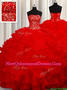 Glittering Organza Strapless Sleeveless Lace Up Beading and Embroidery and Ruffles Quinceanera Dress inRed
