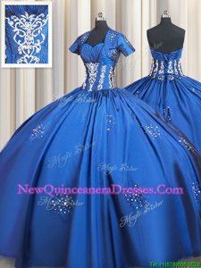 Hot Selling Blue Ball Gowns Sweetheart Short Sleeves Taffeta Floor Length Lace Up Beading and Appliques Sweet 16 Quinceanera Dress