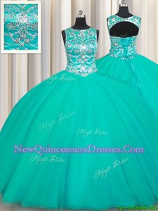 Trendy Scoop Turquoise Sleeveless Appliques Floor Length Quinceanera Gowns