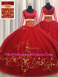 New Arrival Square Red Long Sleeves Beading and Embroidery Floor Length Sweet 16 Dress