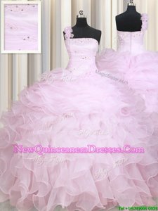 Extravagant Baby Pink Ball Gowns Organza One Shoulder Sleeveless Beading and Ruffles Floor Length Zipper Quince Ball Gowns