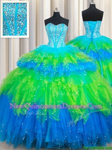 Edgy Multi-color Ball Gowns Tulle Sweetheart Sleeveless Beading and Ruffled Layers Floor Length Lace Up 15th Birthday Dress