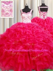 Nice Straps Straps Floor Length Lace Up Quince Ball Gowns Hot Pink and In for Military Ball and Sweet 16 and Quinceanera withEmbroidery and Ruffles