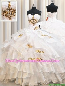 New Arrival Ruffled Sweetheart Sleeveless Lace Up Ball Gown Prom Dress White Organza