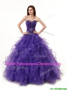 Artistic Purple Lace Up Sweetheart Beading and Ruffles Vestidos de Quinceanera Organza Sleeveless