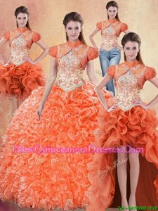 Four Piece Straps Sleeveless Brush Train Lace Up Quince Ball Gowns Orange Red Organza
