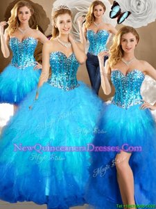 Inexpensive Four Piece Beading and Ruffles and Sequins Sweet 16 Dress Multi-color Lace Up Sleeveless Floor Length