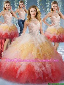 Fine Four Piece Halter Top Sleeveless Tulle Floor Length Lace Up Sweet 16 Dresses inMulti-color withBeading and Ruffles