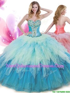 Ideal Beading and Ruffles Quinceanera Gowns Multi-color Lace Up Sleeveless Floor Length