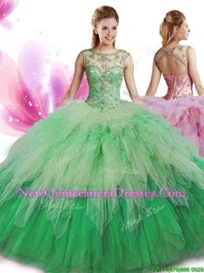 Cute Scoop Sleeveless Zipper Floor Length Beading and Ruffles Quinceanera Gown