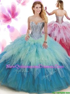 Dramatic Sweetheart Sleeveless Quinceanera Dress Floor Length Beading and Ruffles Multi-color Tulle
