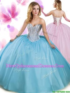 On Sale Aqua Blue Sleeveless Floor Length Beading Lace Up Sweet 16 Quinceanera Dress