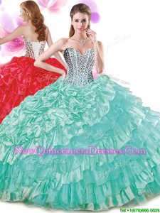 New Style Pick Ups Ruffled Turquoise Sleeveless Organza and Taffeta Lace Up Quinceanera Dress for Military Ball and Sweet 16 and Quinceanera