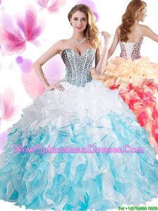 Pretty Beading and Ruffles Quinceanera Dress Blue And White Lace Up Sleeveless Floor Length