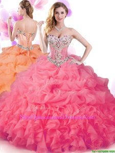 Romantic Hot Pink Sleeveless Floor Length Beading and Ruffles and Pick Ups Lace Up 15th Birthday Dress