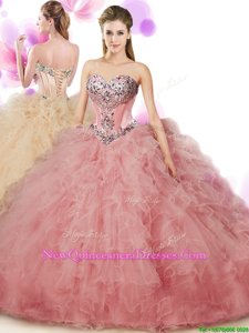Lovely Peach Sweet 16 Dress Military Ball and Sweet 16 and Quinceanera and For withBeading and Ruffles Sweetheart Sleeveless Lace Up