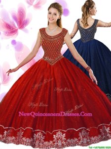 Clearance Wine Red Ball Gowns Scoop Sleeveless Tulle Floor Length Zipper Beading and Appliques Quince Ball Gowns
