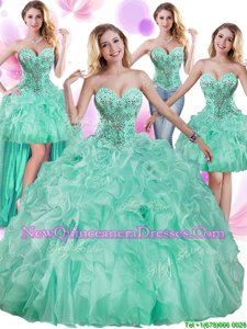 Four Piece Floor Length Lace Up 15 Quinceanera Dress Apple Green and In for Military Ball and Sweet 16 and Quinceanera withBeading and Ruffles