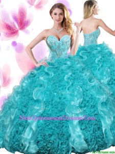 Suitable Sweetheart Sleeveless Lace Up Quince Ball Gowns Teal Organza