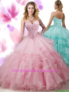 Noble Pink Ball Gowns Organza Sweetheart Sleeveless Beading and Ruffled Layers Floor Length Lace Up 15 Quinceanera Dress