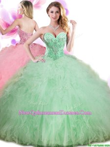 Edgy Floor Length Lace Up 15th Birthday Dress Spring Green and In for Military Ball and Sweet 16 and Quinceanera withBeading and Ruffles and Pick Ups