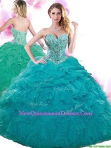 Nice Teal Lace Up Quinceanera Gown Beading and Ruffles and Pick Ups Sleeveless Floor Length