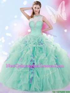 Glorious Apple Green Quinceanera Gown Military Ball and Sweet 16 and Quinceanera and For withBeading and Ruffles High-neck Sleeveless Lace Up