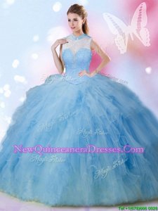 Baby Blue Ball Gowns Tulle High-neck Sleeveless Beading and Ruffles Floor Length Lace Up Ball Gown Prom Dress
