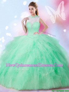 Tulle High-neck Sleeveless Lace Up Beading and Ruffles 15 Quinceanera Dress inApple Green