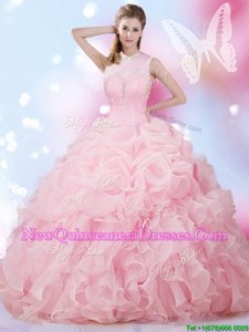 Inexpensive Baby Pink Lace Up Quinceanera Gowns Beading and Ruffles and Pick Ups Sleeveless Floor Length