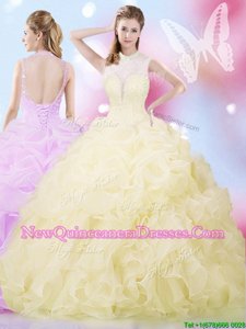 Luxury Pick Ups Floor Length Light Yellow Ball Gown Prom Dress High-neck Sleeveless Lace Up