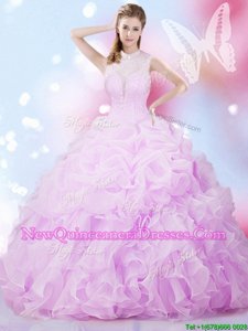 Lavender Ball Gown Prom Dress Military Ball and Sweet 16 and Quinceanera and For withBeading and Ruffles and Pick Ups High-neck Sleeveless Lace Up