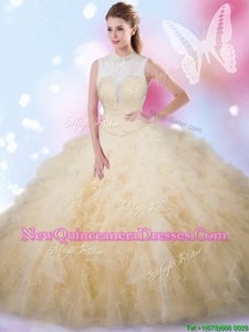 Glorious Champagne Sleeveless Beading and Ruffles Floor Length Sweet 16 Quinceanera Dress