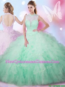 New Arrival High-neck Sleeveless Lace Up 15th Birthday Dress Apple Green Tulle