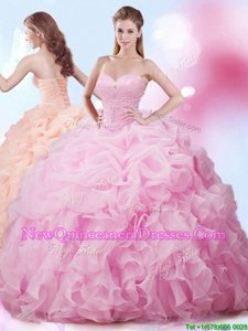 Classical Rose Pink Lace Up 15th Birthday Dress Beading and Ruffles and Pick Ups Sleeveless With Brush Train