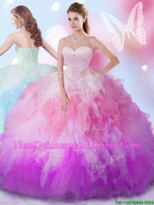 Custom Design Multi-color Lace Up 15 Quinceanera Dress Beading and Ruffles Sleeveless Floor Length
