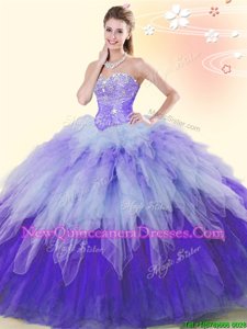 Sleeveless Beading and Ruffles Lace Up Quince Ball Gowns