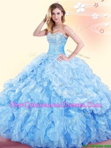Fitting Organza Sweetheart Sleeveless Lace Up Beading and Ruffles and Pick Ups Quinceanera Dresses inBaby Blue