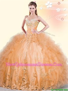 Fine Orange Sleeveless Beading and Appliques and Ruffles Floor Length Quince Ball Gowns