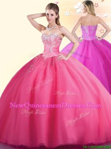 Exquisite Floor Length Lace Up Vestidos de Quinceanera Hot Pink and In for Military Ball and Sweet 16 and Quinceanera withBeading