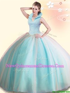 Fantastic Sleeveless Floor Length Beading Backless 15 Quinceanera Dress with Baby Blue