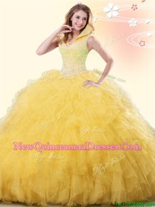 Custom Design Floor Length Backless Sweet 16 Dress Yellow and In for Military Ball and Sweet 16 and Quinceanera withBeading and Ruffles